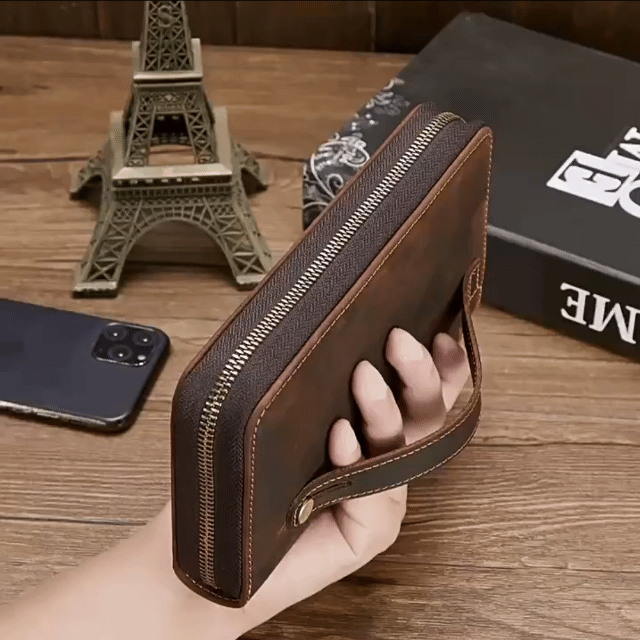 Italian Handmade Luxury Men's Retro Clutch Crazy Horse Leather Long Wallet Multifunctional Zipper Phone Bag