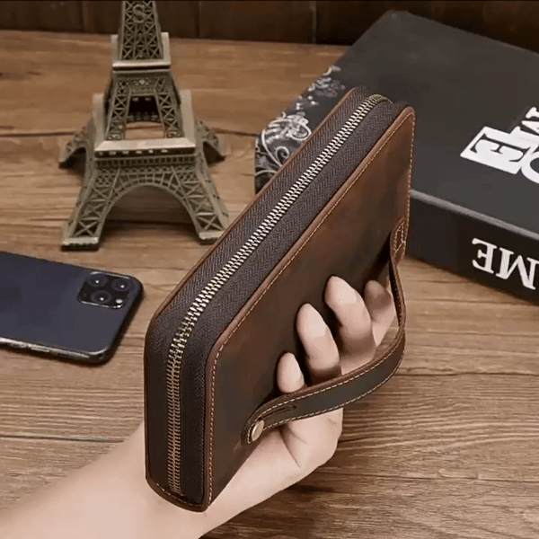Italian Handmade Luxury Men's Retro Clutch Crazy Horse Leather Long Wallet Multifunctional Zipper Phone Bag