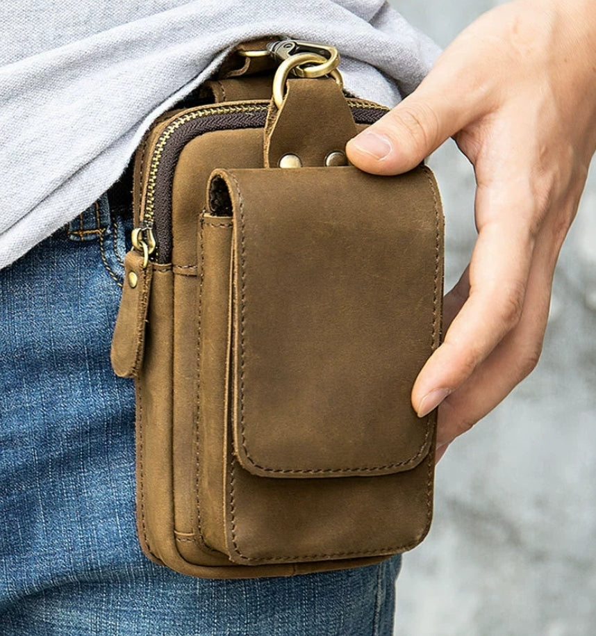 Upscale Light Luxury Men Cow Leather Large Space Belt Bag Multi-function Mobile Phone Key tool Wallet Cigarette Waist Belt Bag