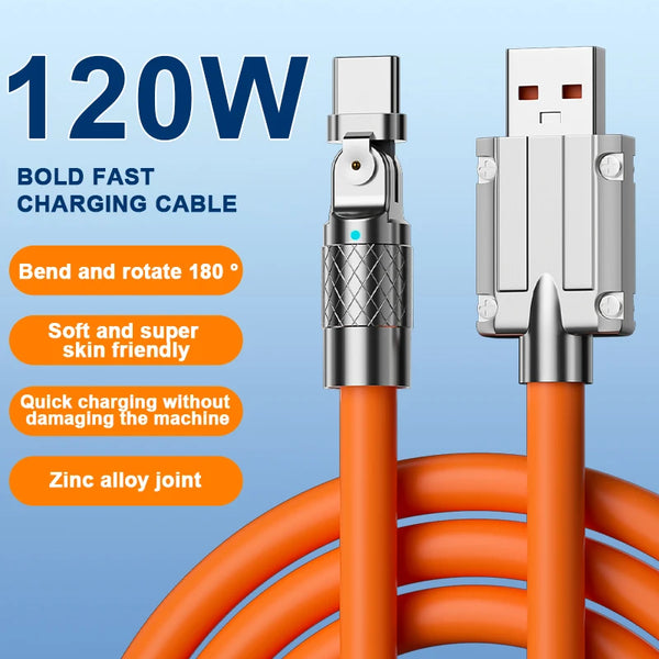 6A 120W Super Fast Charging 180° Swivel Cable for iPhone Huawei Xiaomi TYPE C Flash Charging Orange Mobile Phone Charging Cable