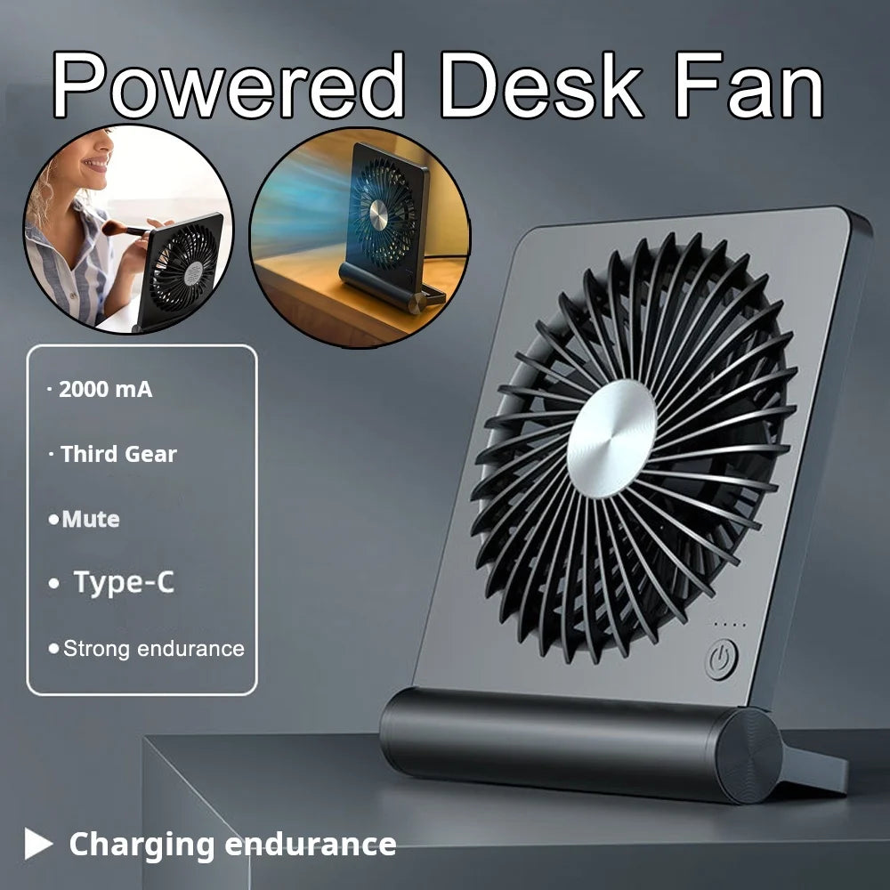 Strong Wind Ultra Quiet Small Desk Fan 220° Tilt Folding 3 Speeds Adjustable USB-C Corded Powered Personal Fan