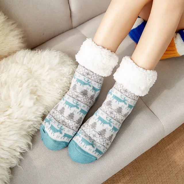Winter Warm Socks Women Plush Soft Female Non Grip Floor Slippers  Fuzzy Fluffy Deer Elk Warm Socks One Size