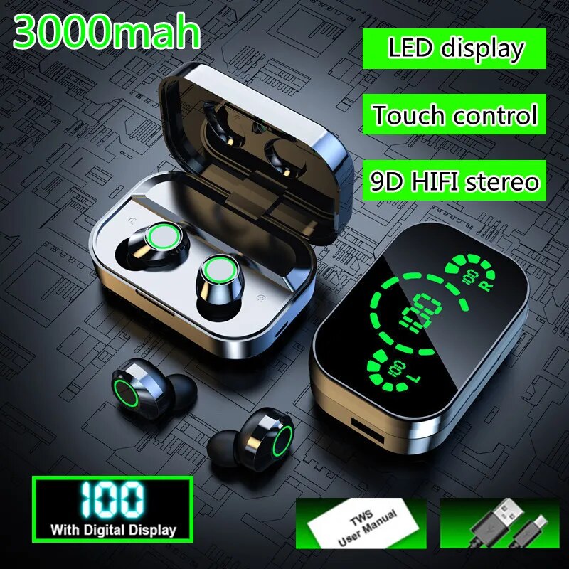 2023 TWS Wireless Touch Headset Bluetooth 5.3 Hi-Fi Stereo In-Ear Earbuds HD Digital Display Waterproof Headset with Microphone 3000Mah Charger Box