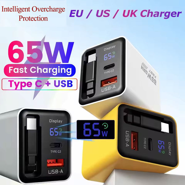 65W GaN Fast Charger Type C Digital Display With Retractable USB C Cable For iPhone Xiaomi Samsung Intelligent Overcharge Protection