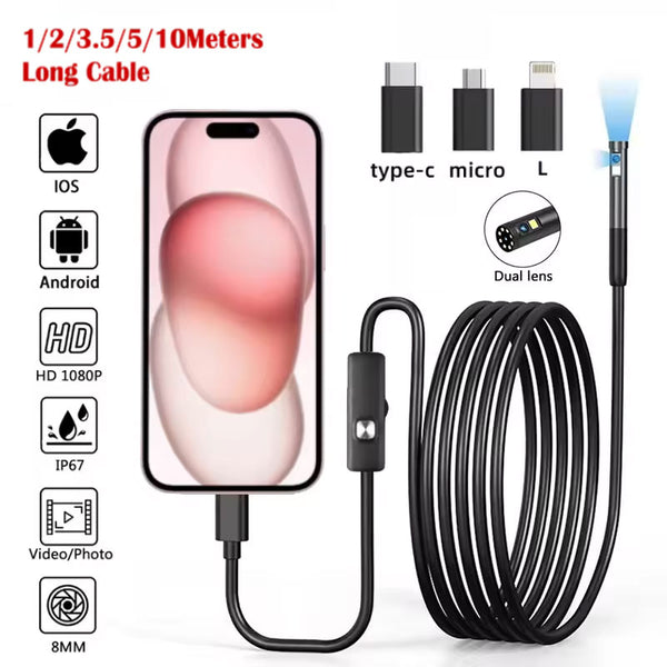 1/2/3.5/5/10Meters iPhone 8mm 1080P Dual Camera Endoscope Automotive Boroscope Inspection Device Camera For Apple IOS Smart Phone Android Type C Cars Mobile