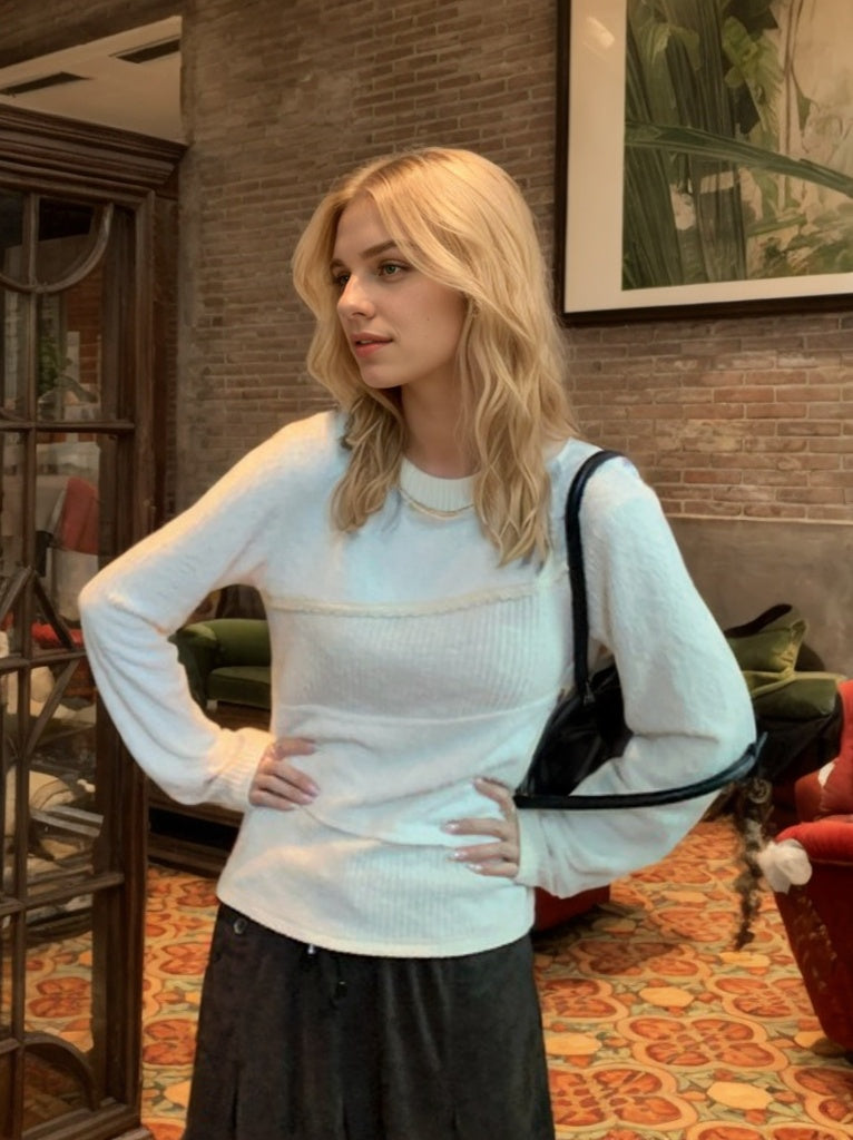 Elegant and Cozy Spring Top: Knit Patchwork Plush T-shirt in Trendy Style