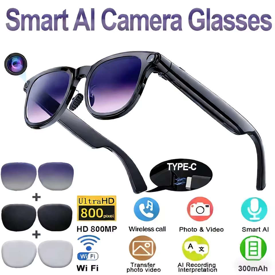 Multifunctional Smart AI Glasses with 8MP Camera, 32MP HD Photos, EIS Video Stabilization, AI Object Recognition & Translation, Bluetooth 6.0, 3 Interchangeable Lenses (Polarized/Sunglasses/Transparent)