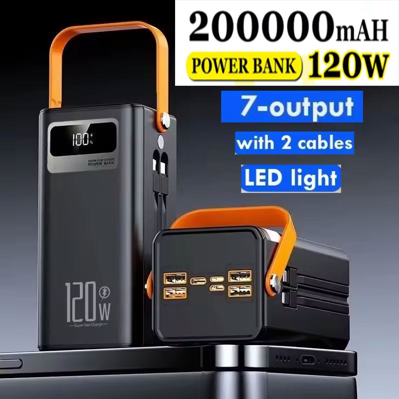 200000mAh 120W Fast Charging Power Bank with 2 Built-in Cables, 22.5W Fast Charging for iPhone & LED Camping Light – 7 Outputs, Super Fast Charger Compatible