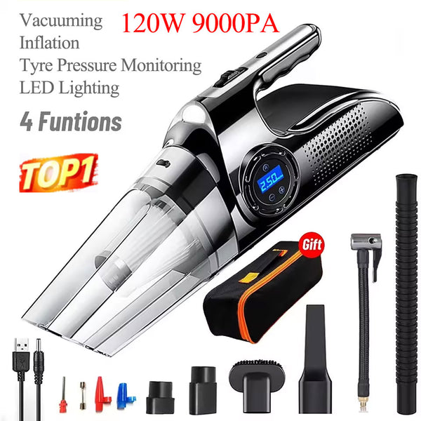 120W 9000Pa Four-in-One Car Vacuum and Air Pump | Cordless Model Combines Vacuuming, Inflation, Tyre Pressure Monitoring and LED Lighting | Dual-Use for Home and Vehicle | Smart Digital Display | Low-Noise Operation | 30-Second Rapid Inflation