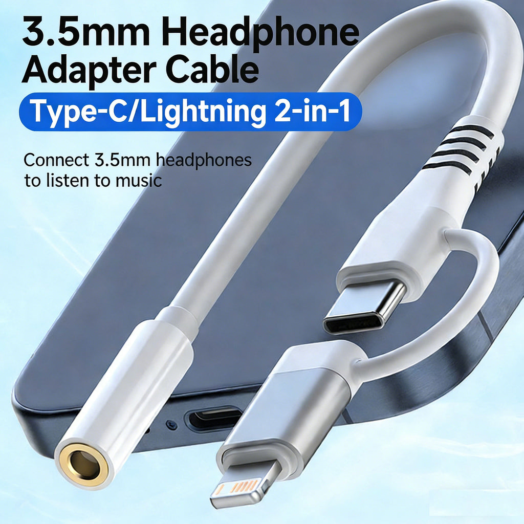 Type-C/Lightning Dual-Port Headphone Adapter Cable | 3.5mm Female Jack Adapter Charging Cable| Supports Music Playback/Calls/In-Line Controls | Compatible with Apple and Android Phones/Tablets
