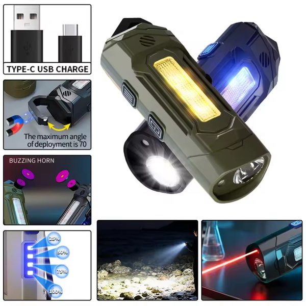 Multifunctional EDC Mini Keychain Flashlight: Red Laser, UV Light, COB Side Light Red/Blue Warning Flash & Safety Alarm Waterproof, Magnetic, Portable