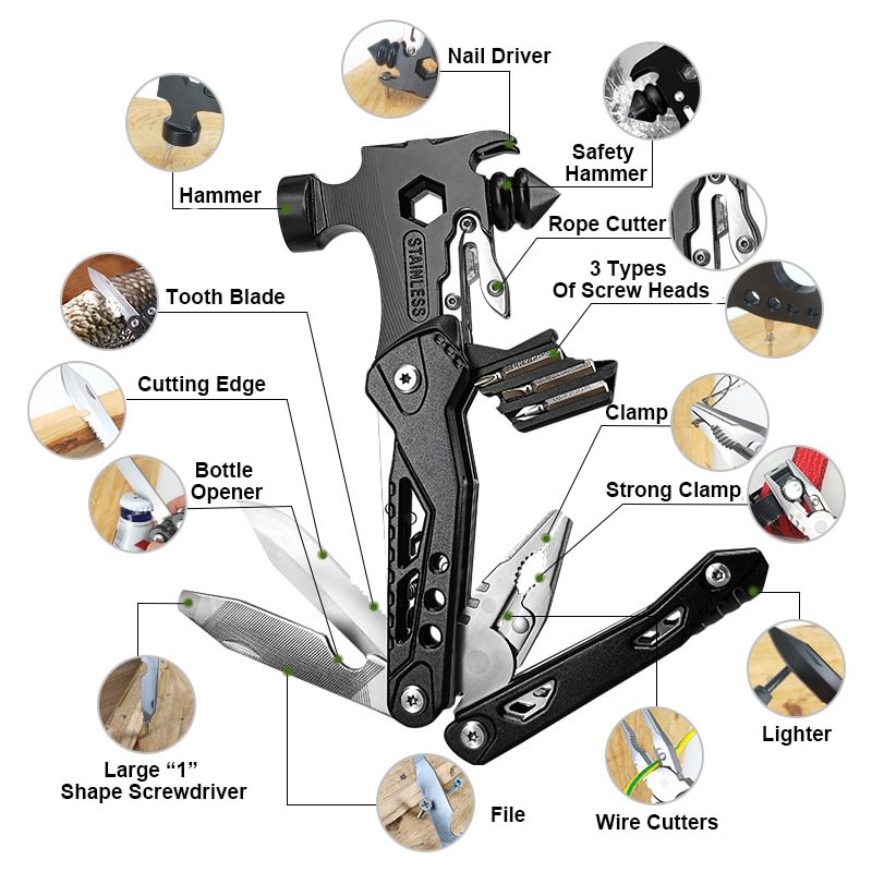 15-in-1 Outdoor Portable Multifunctional Mini Safety Hammer