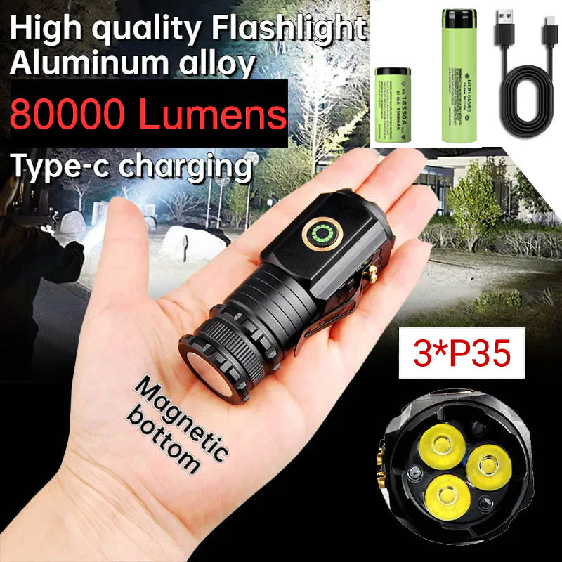 Mini 80,000 Lumen 3 Nuclear Anti-explosion Steelhead Flashlight Clip-on Headlamp with 2Pcs Battery with Tail Magnet Flashlight Lighting Time 20 Hours
