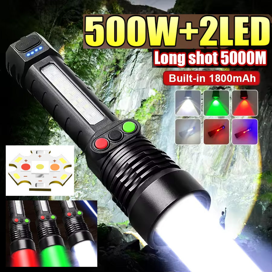 500Watts 3 Light Sources Zoom Laser Flashlight White/Red/Orange Light 3 Colors 10 Mode Light Tactical Torch USB Rechargeable