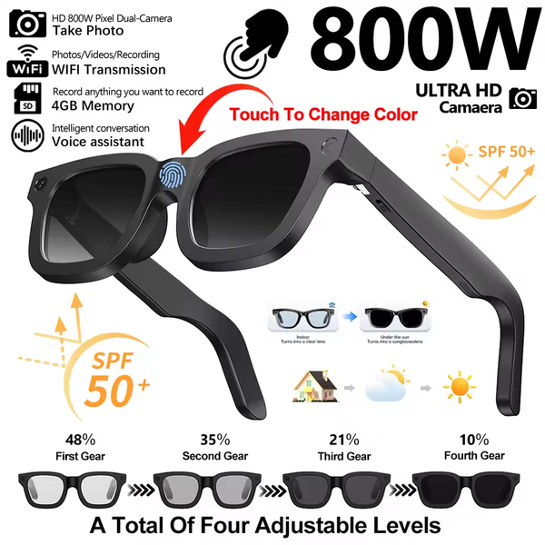 AI Smart Shooting Glasses | Electrochromic 4-Level Adjustment | 8MP Sony HD Camera | AI Real-Time Translation + Object Recognition | Anti-Shake Shooting + Recording | Bluetooth Calling + Music Playback | Touch Control | IP65 Water and Dust Resistance