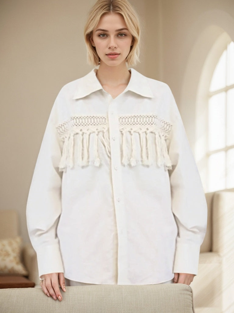 Elegant Fringed Cotton and Linen Shirt for Women
