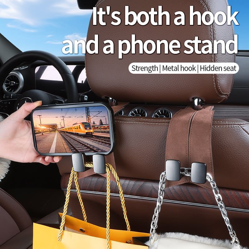 2Pcs Car Seat Back Cowhide Double Hooks Phone Holder