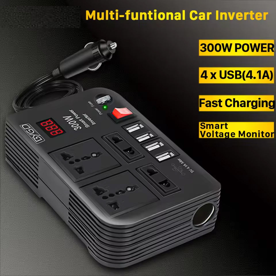 300W Car Inverter Outlets 4 USB Ports Overload Protection Power Adapter DC 12V to AC 220V Converter 4 AC Sockets ON/OFF Switch