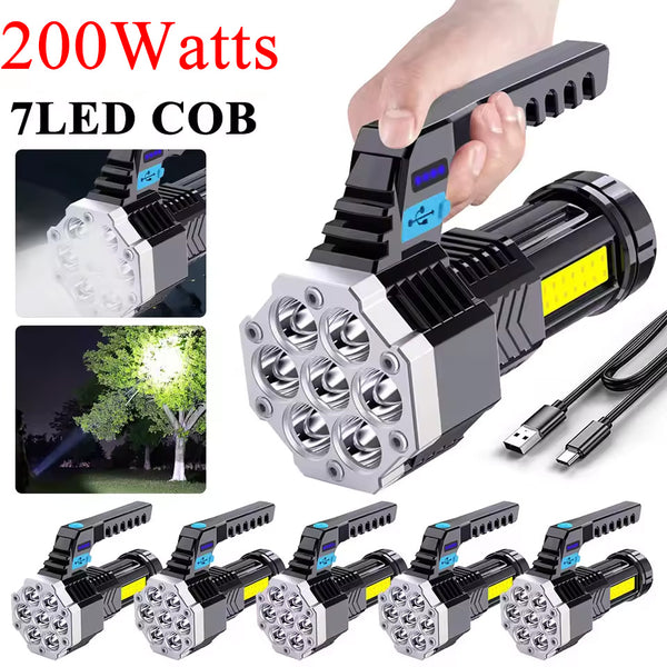 200Watts 7 LED FlashLight with COB Side Lights USB Rechargeable 4 Modes Torch With Power Display Outdoor Waterproof Emergency Lamp