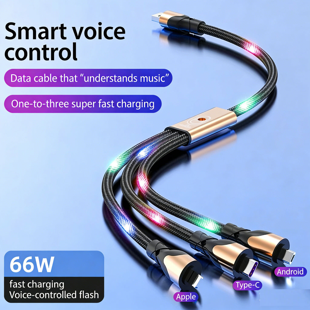 3-in-1 Smart Voice-Activated Rhythm-Synced LED Charging Cable 66W 6A Super-Fast Charging Cable Multi-Colour Glowing Charging Cable Compatible with Apple/Android/Type-C Devices