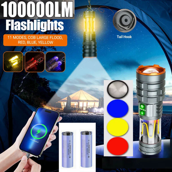Ultra-Bright 100,000-Lumen White Light Laser Torch with 2Pcs 26650 4000mAh Battery Type-C Fast Charging IPX8 Waterproof  Power Bank Torch Work Light