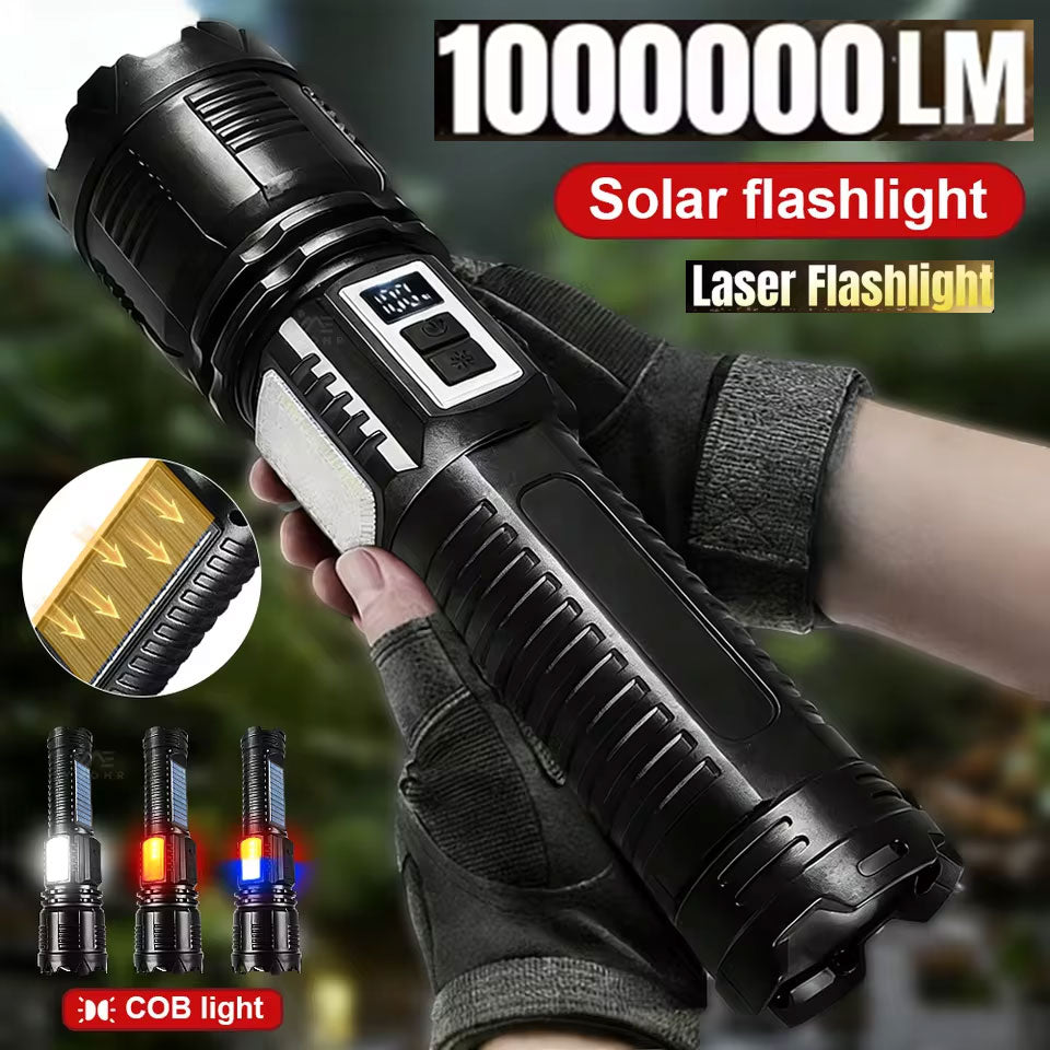 100000LM Solar White Laser Beam Telescopic Torch  with 10,000+ Metre Range Dual-Mode Beam Pattern Red/Blue Side Warning Lights Type-C Fast Charging