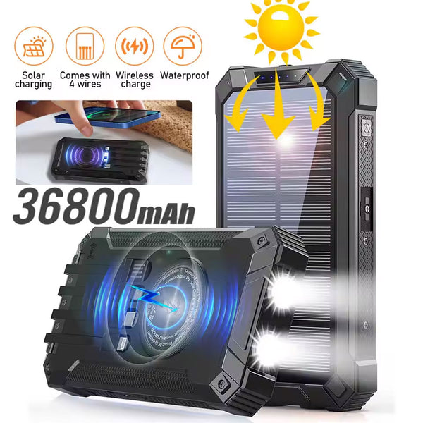 36800mAh Solar Wireless Charger Power Bank With 4 Cable LED Light Portable External Battery Powerbank for iPhone Xiaomi Samsung