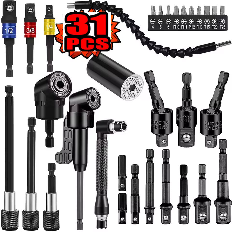31Pcs Set Flexible Drill Extension Hex Shank Nut Driver Bit Set Bendable Right Angle Tool Adapter