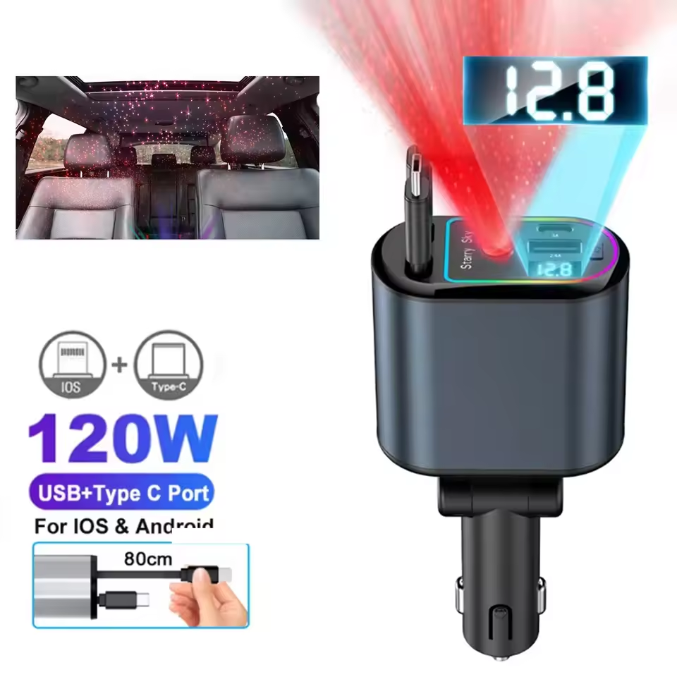 120W/180W Four-Port Car Starry Sky Projection Fast Charger with Retractable Cable Ambient Lighting Features Retractable Dual Cables USB Type-C Ports 12-24V