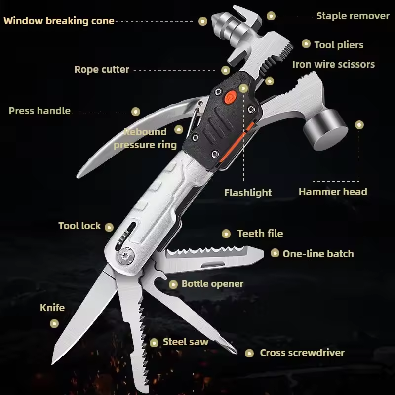 Multi-Functional Outdoor Safety Hammer Pliers - Foldable Portable Tool Pliers | Includes Window Breaker, Nail Puller, Rope Cutter, Torch Lighting | Essential Camping and Vehicle Emergency Kit