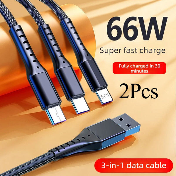 2Pcs 6A Triple-Port Smart Power Cut-off Charging Cable 66W Super Fast Charging 3-in-1 Charging Cable Compatible with Android, Apple and Huawei Phones Durable Braided Fast Charging Cable