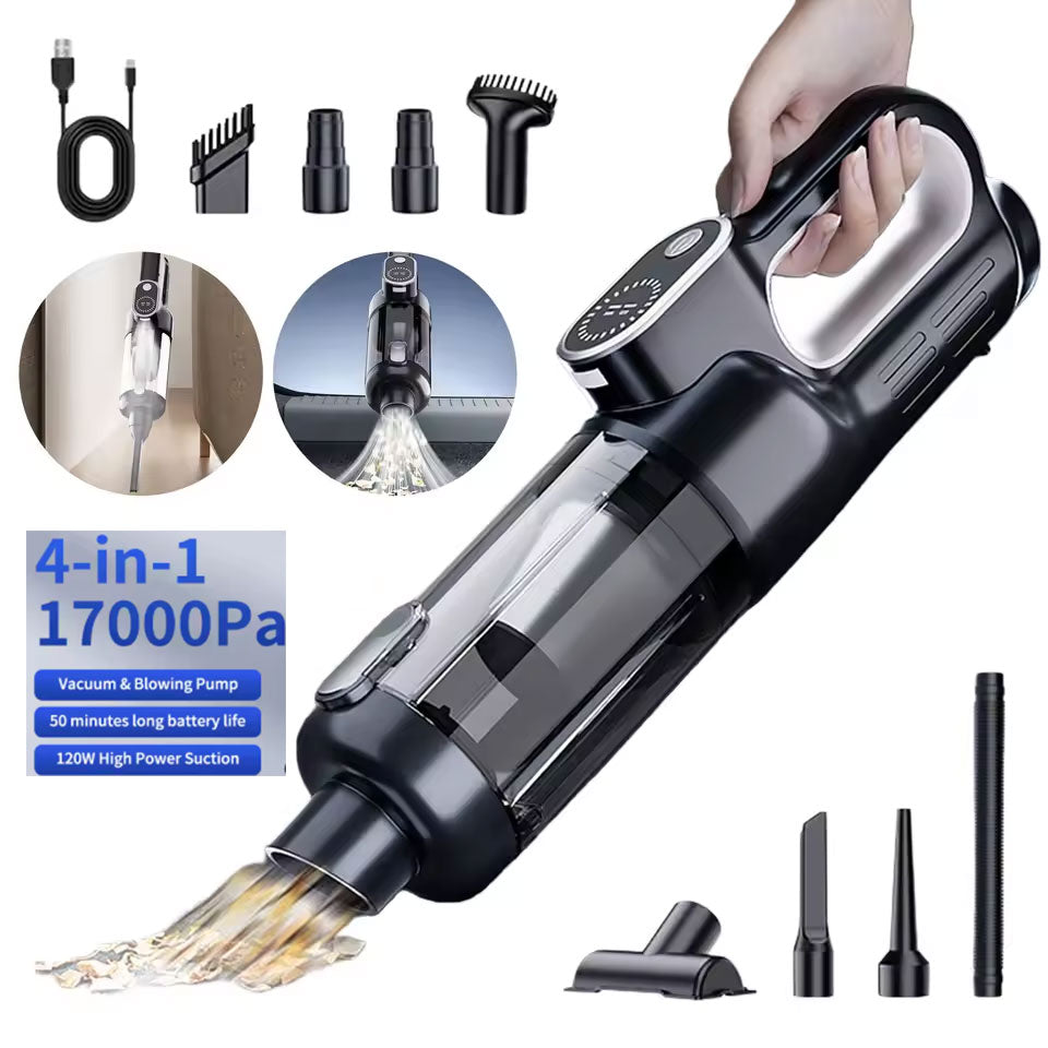 120W 17000Pa 5-in-1 Multi-Function Handheld Car Vacuum Cleaner Vacuum/Blow/Inflate/Brush/Light Cordless & Portable | Suitable for Car/Home/Outdoor Cleaning