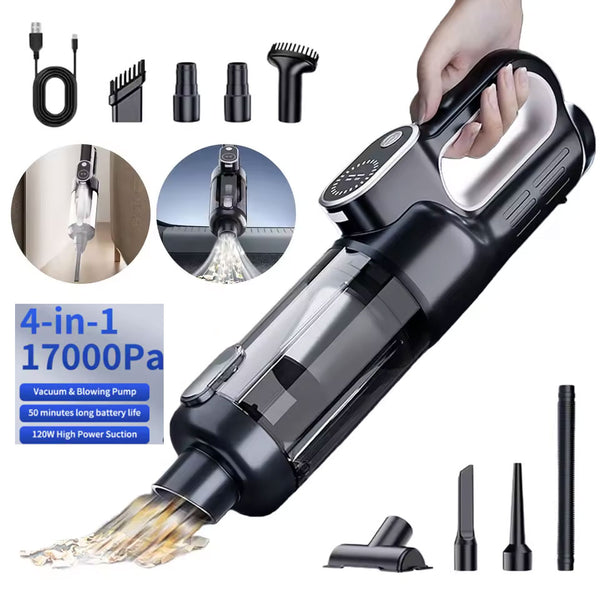 120W 17000Pa 5-in-1 Multi-Function Handheld Car Vacuum Cleaner Vacuum/Blow/Inflate/Brush/Light Cordless & Portable | Suitable for Car/Home/Outdoor Cleaning