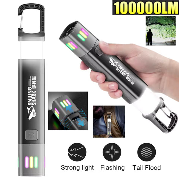100000 Lumens XPE White Laser Mini Bright LED Zoom Flashlight with Floodlight Side Lights Built-in Lithium Battery USB Rechargeable Keychain Keychain Hanging