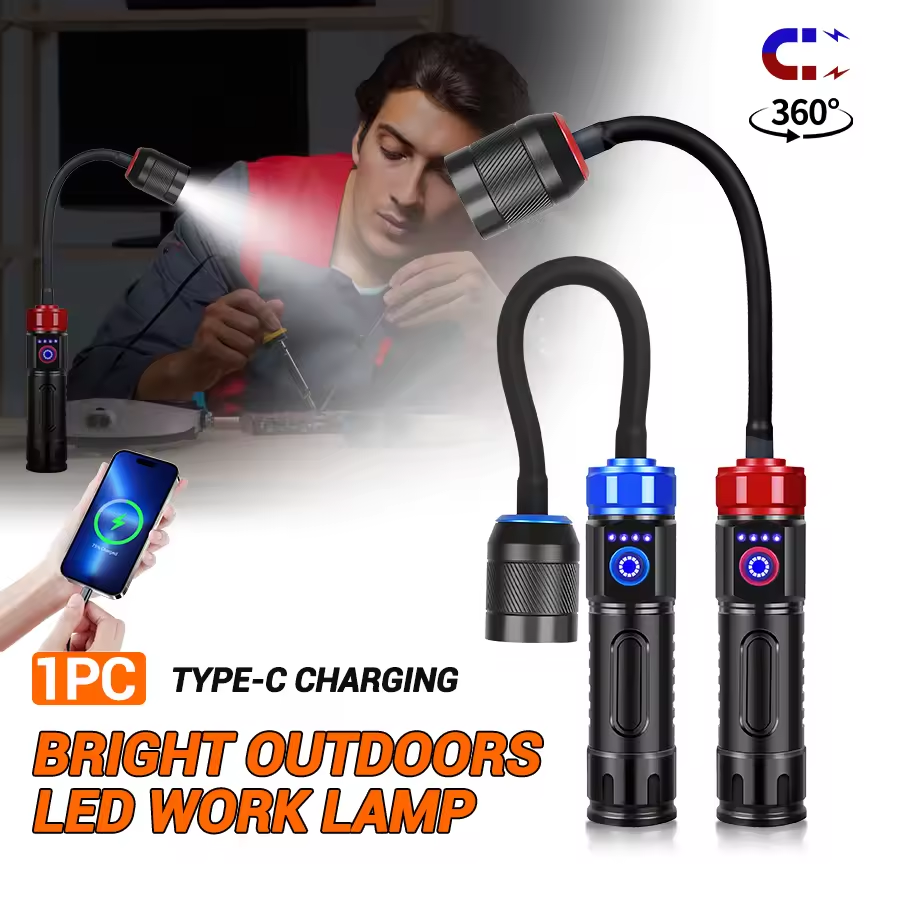 Magnetic 360° No Blind Spots White Light Laser Zoom Flashlight Work Light Flexible Pole Illumination Bulit in 26650 Battery