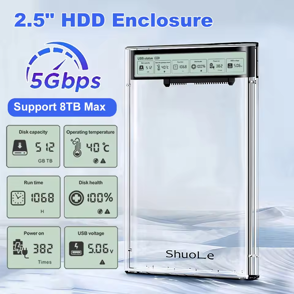 Smart Display Hard Drive Enclosure USB 3.2 Compatible with 2.5-inch SATA Mechanical/Solid-State Drives External Type-C Laptop, Desktop, Phone SSD Enclosure Real-time Health Monitoring