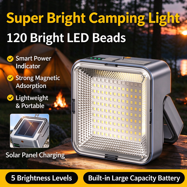 Ultra-Bright 120-LED Solar Flood Light & Camping Lantern | Outdoor Waterproof Portable Emergency Light | 3-in-1 Magnetic/Hook/Mount | USB Fast Charging with Smart Battery Level Display | Ideal for Camping, Fishing, Street Vending, and Power Outages