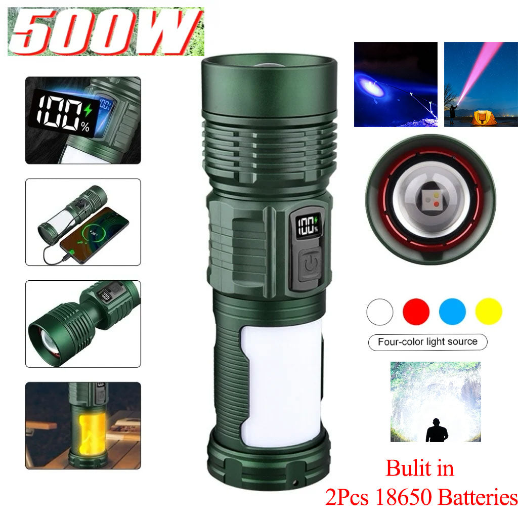 500W Multi-functional High-Power Flashlight | 4-Light Source System | 2 x 18650 Batteries Battery Life 15 hours | Mechanical Zoom | LCD Battery Level Display | Camping Campfire Light