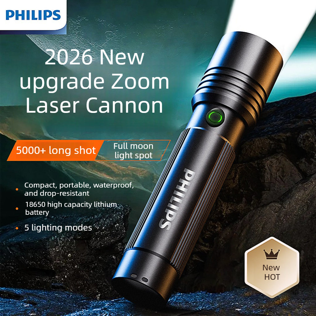 PHILIPS Zoomable Laser Torch Flashlight Newly Upgraded Model｜Ultra-Bright High Beam｜Type-C Fast Charging｜5000+ Metre Beam Range｜Waterproof & Shockproof｜Outdoor Camping & Mountaineering Emergency Lighting