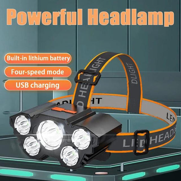 60000Lumens 5 LED Headlamp Flashlight Rechargeable Strong Light Camping Adventure With Built in Battery Fishing Head Light Search Light