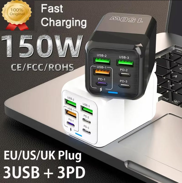 150W 6 Ports PD QC 3.0 3USB and 3PD Type-c Quick Charger Wall Adapter Super Fast Charging For iPhone Samsung iPad Xiaomi Huawei Oneplus OPPO