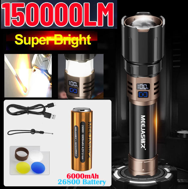 150000lumens Super Laser Light 3 Lens Zoom Alloy Flashlight Built-in 6000mAh 26800 Rechargeable Battery Waterproof Super Bright Long Range With Hidden Camping Light Light Lasts to 48 hours