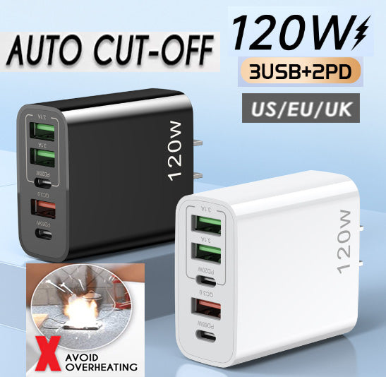 120W 5Ports Full Auto Power Off Fast Charging Phone Charger with 3 USB and 2 Type C Ports US/EU/UK Plug