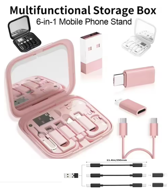 USB Type C To USB C Cable 60W 6 In 1 Mini Data Cable Set Storage Box Mirror Fast Charging Charger Mobile Phone Holder