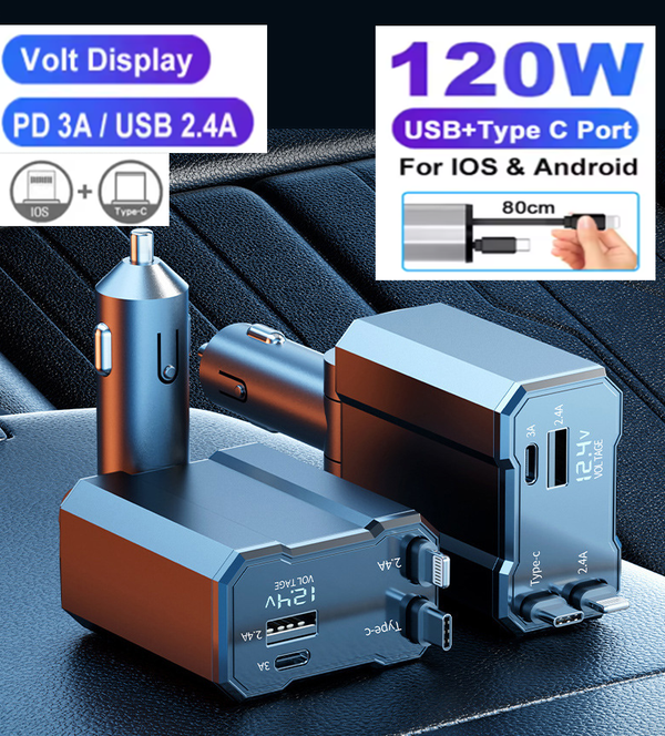 120W Super Fast Car Charger, Dual-Port USB + Type-C Multi-Functional Car Charger with Retractable Cable, Supports PD/Apple Fast Charging, Compatible with All Vehicle Types (Saloon Cars/SUVs/Vans)