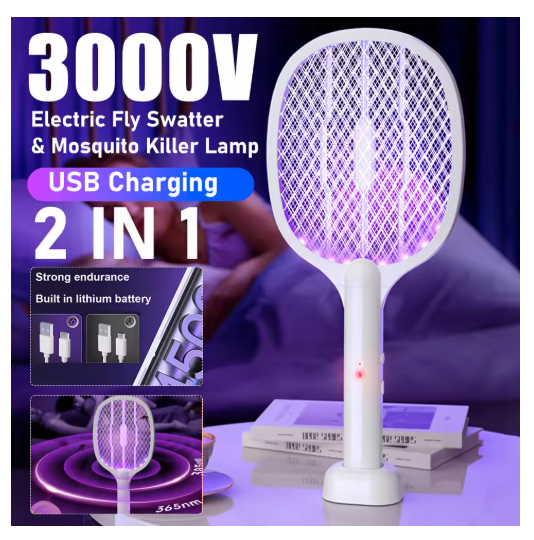 2 in 1 Electric Fly Swatter Handheld Fly Killer and Mosquito Trap Lamp Safe Rechargeable for Home Office Backyard Patio Camping