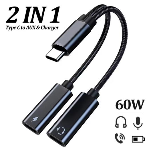 2-in-1 USB C To Dual Type C Headphone And Charger Adapter USB Type C PD 60W Fast Charging For Samsung iPhone 16 15