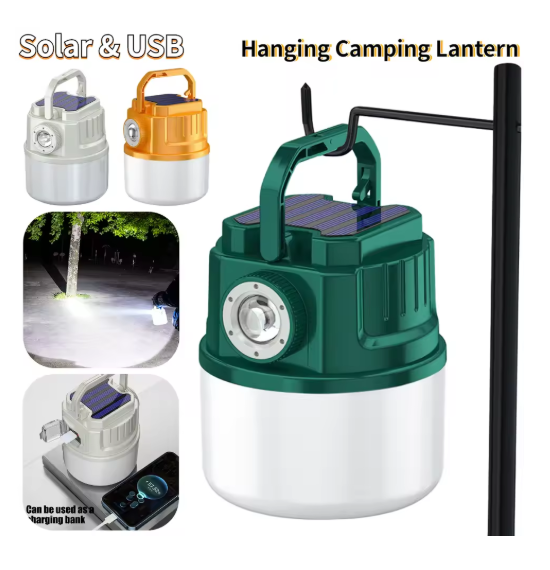 200-Watt Solar Dual-Light Zoom Flashlight Camping Lantern Portable Lanterns Emergency Power Bank Lights