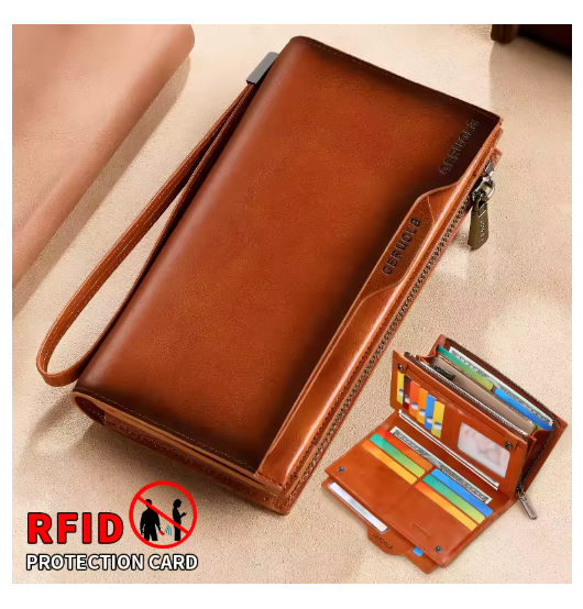 Premium Luxury Cowhide Men's Long Cowhide Wallet Handbag Travel Lightweight Minimalist Large Capacity Anti-Theft Gradient Yellow Brown