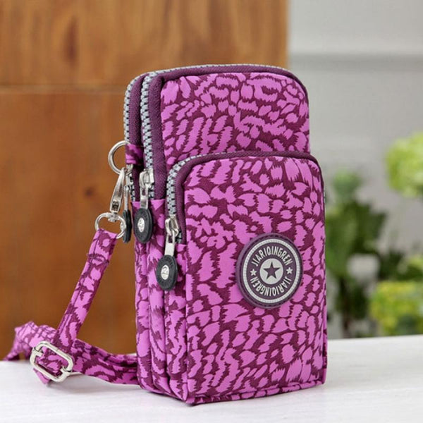 Multifunctional Three Layers Storage Bag Phone Bag Handbag Wrist Bag Purple Leopard